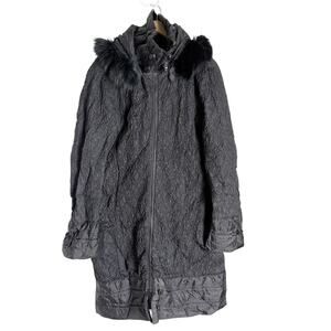 Et Dieu Crea La Femme Black Crinkled Faux Fur Trim Hooded Coat Size 8